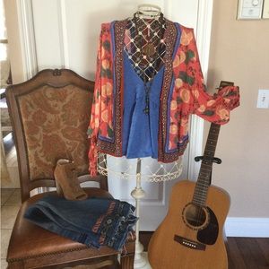 Free People Orange and Blue Floral Vest